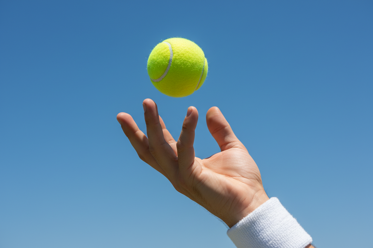 A CLOSE UP OF A HAND TOSSING A NEON YELLOW TENIIS BALL INTO THE AIR, WHITE WRIST BAND, ULTRA REALISTIC SKIN AND BALL TEXTURE, 4K, WHITE WRISTBAND, CLEA BLUE SKY IN THE BACKGROUND