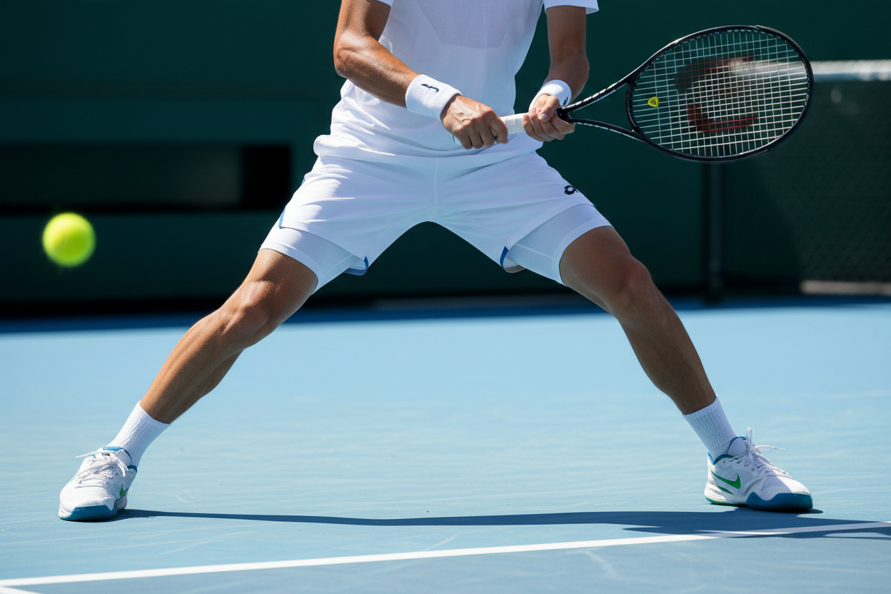 A CLOSE UP OF A TENNIS PLAYER GETTING READY TO RETURN THE BALL IN AN OPEN STANCE, WAIST DOWN ANGLE, YOU CAN SEE HIM HOLDING A BLACK TENNIS RACKET, IN A LIGHT BLUE AND GREY TENNIS COURT, ULTRA REALISTIC TEXTURES