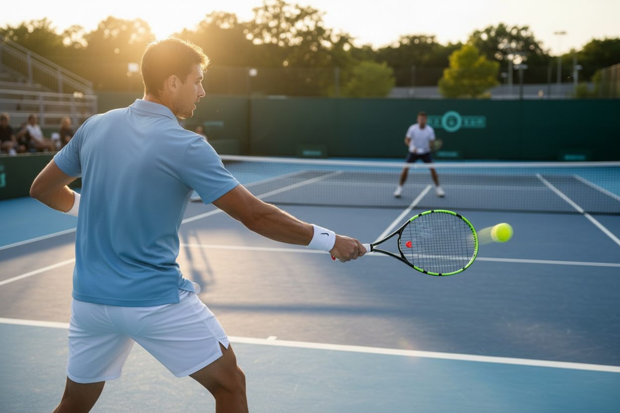 KEEP THE PICTURE THE SAME, BUT MAKE THE RACKET BLACK, AND MOVE PLAYER IN WHITE SHIRT MOVE BACK MORE